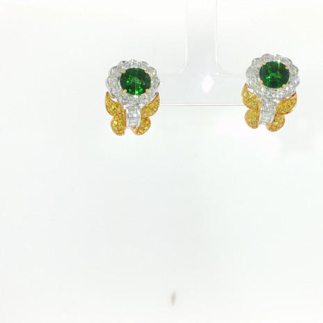 Round Brilliant Green Emerald and Yellow Diamond Butterfly Cluster Earrings