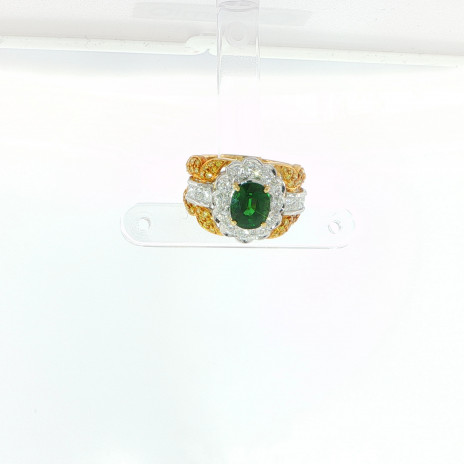 Oval Emerald and Diamond Halo Cocktail Ring in Yellow Gold