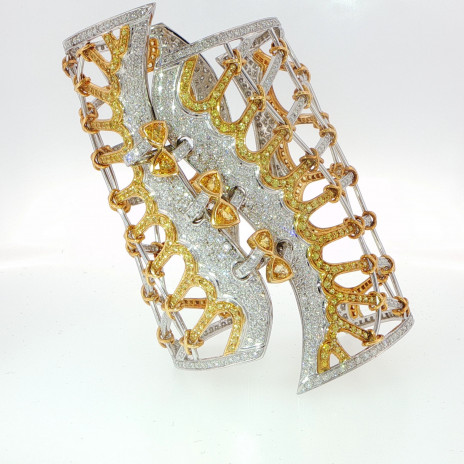 Two-Tone Gold Corset-Style Cuff Bangle with Fancy Vivid Yellow and Colorless Diamonds