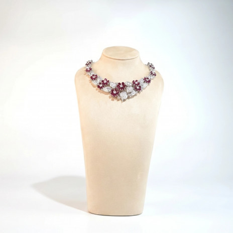 Ruby flower & diamond leaves necklace in white gold
