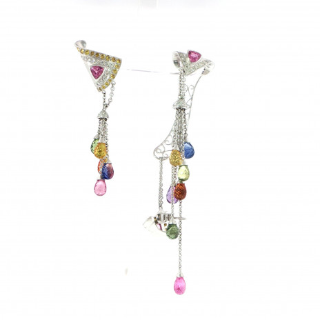 Multi-Color Sapphire and Diamond Asymmetrical Tassel Dangle Earrings