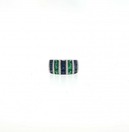 White Gold Plated Silver Multistone Ring with Emeralds