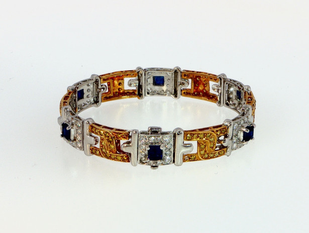 Royal Blue Sapphire Geometric Link Bracelet in White Gold