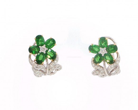 White Gold Floral Tsavorite Cluster Earrings